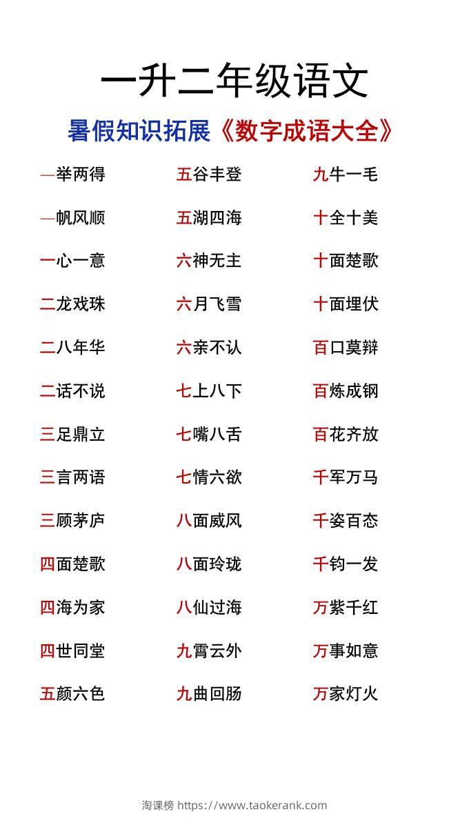 一升二年级语文上册暑假知识拓展《数字成语大全》-淘课榜