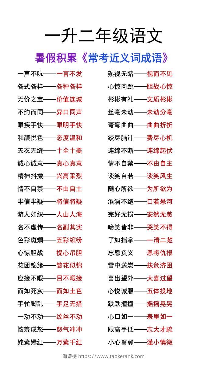 一升二年级语文上册暑假知识积累《近义词成语大全》-淘课榜