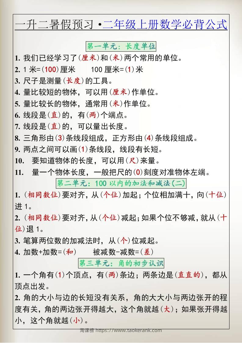 一升二暑假预习·二年级上册数学必背公式-淘课榜
