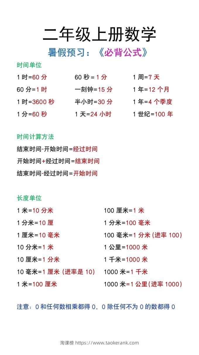 二年级上册数学暑假必背公式-淘课榜