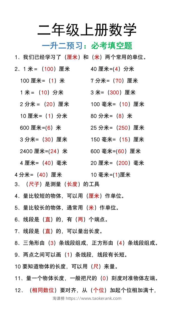 二年级上册数学暑假预习必做《重点填空题》-淘课榜