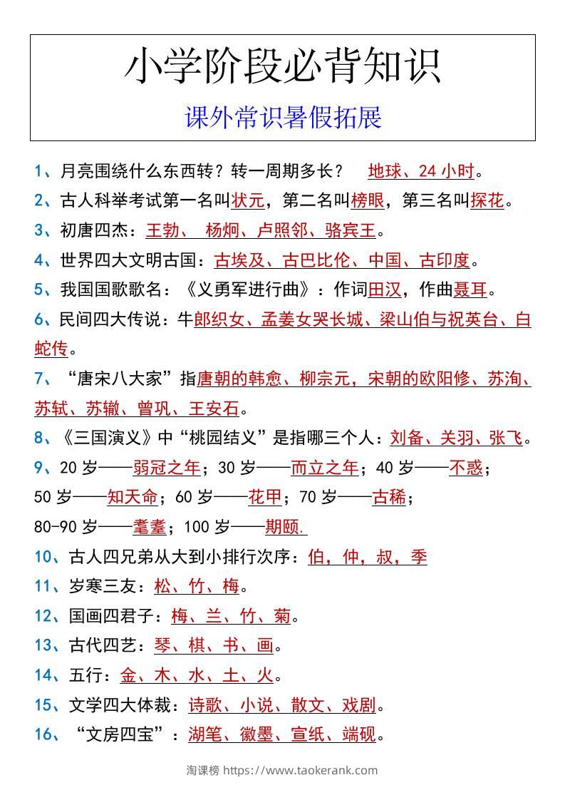 小学阶段必背知识课外常识暑假拓展-小升初语文-淘课榜