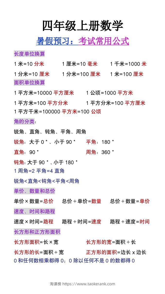 三升四年级数学暑假必背常考公式大全-四上数学-淘课榜