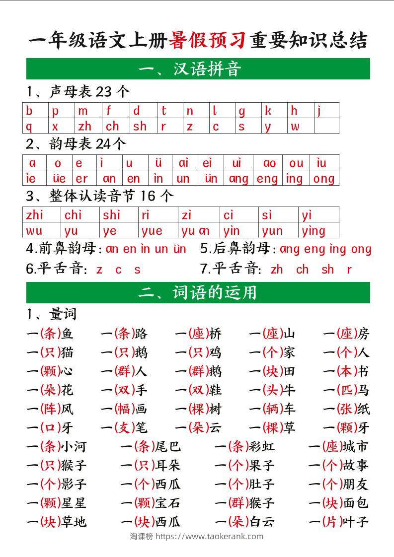 一上语文【暑假预习重要知识总结】-淘课榜