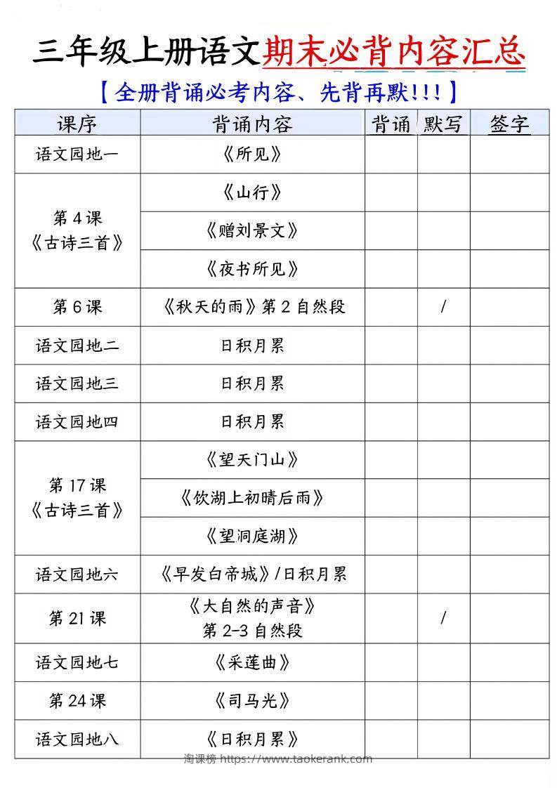 三年级上语文必背内容汇总.pdf-淘课榜