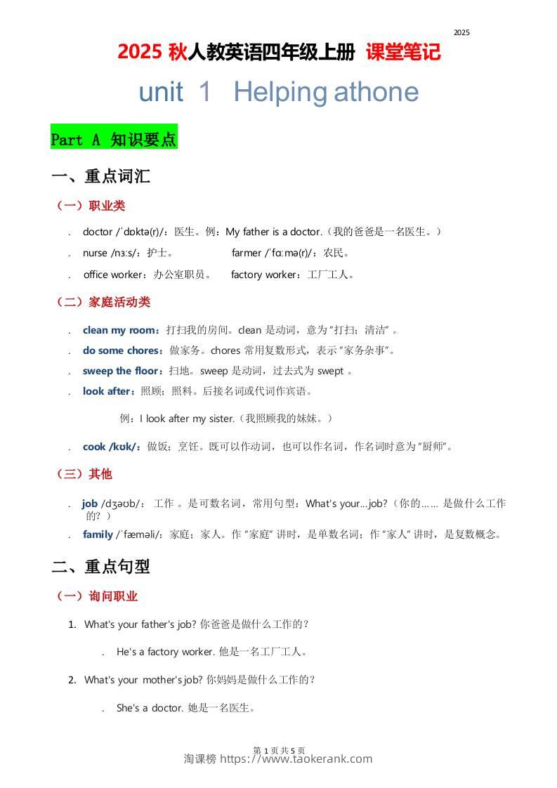 2025秋人教英语四上课堂笔记Unit01-淘课榜