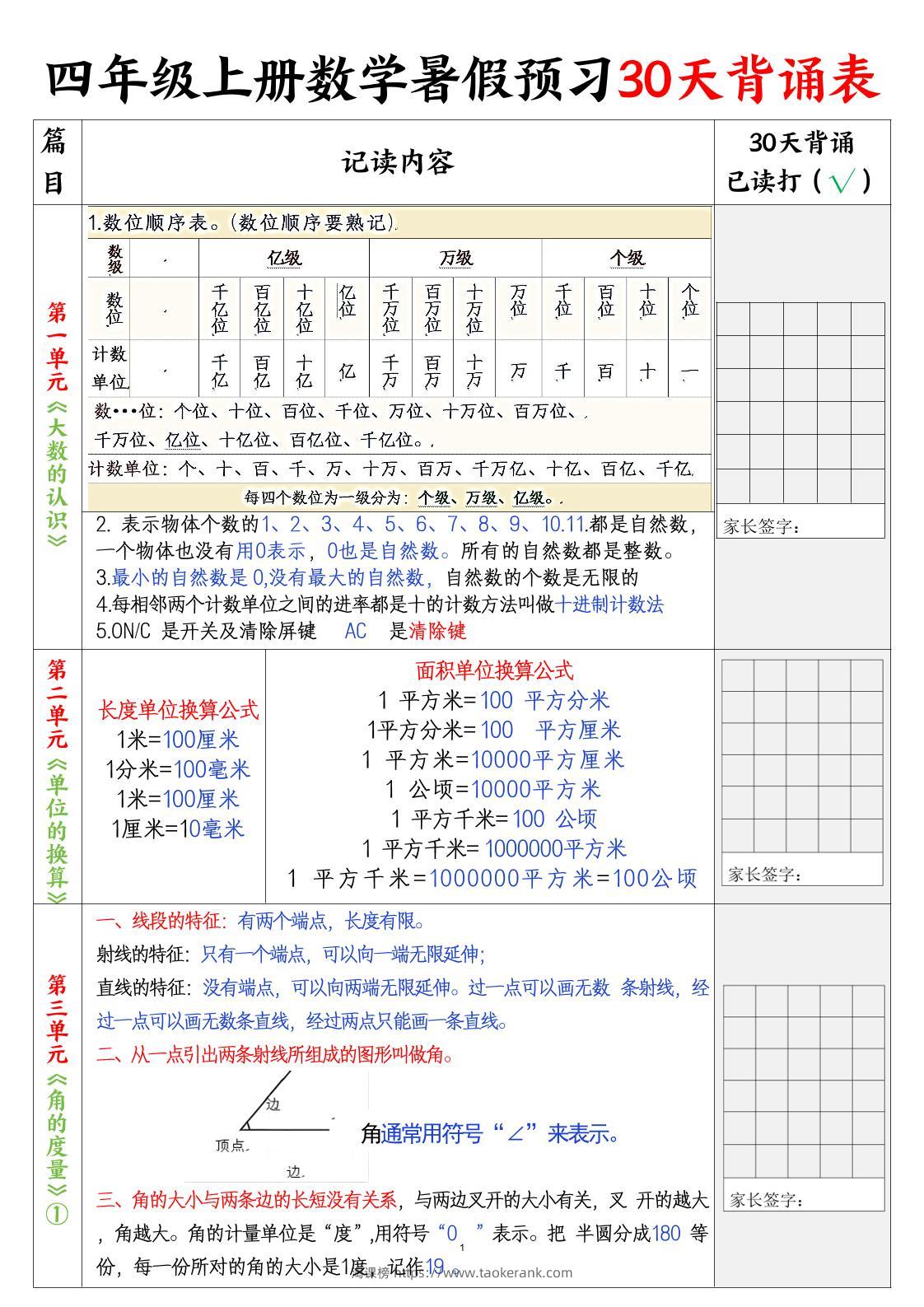四上数学30天记录单-淘课榜