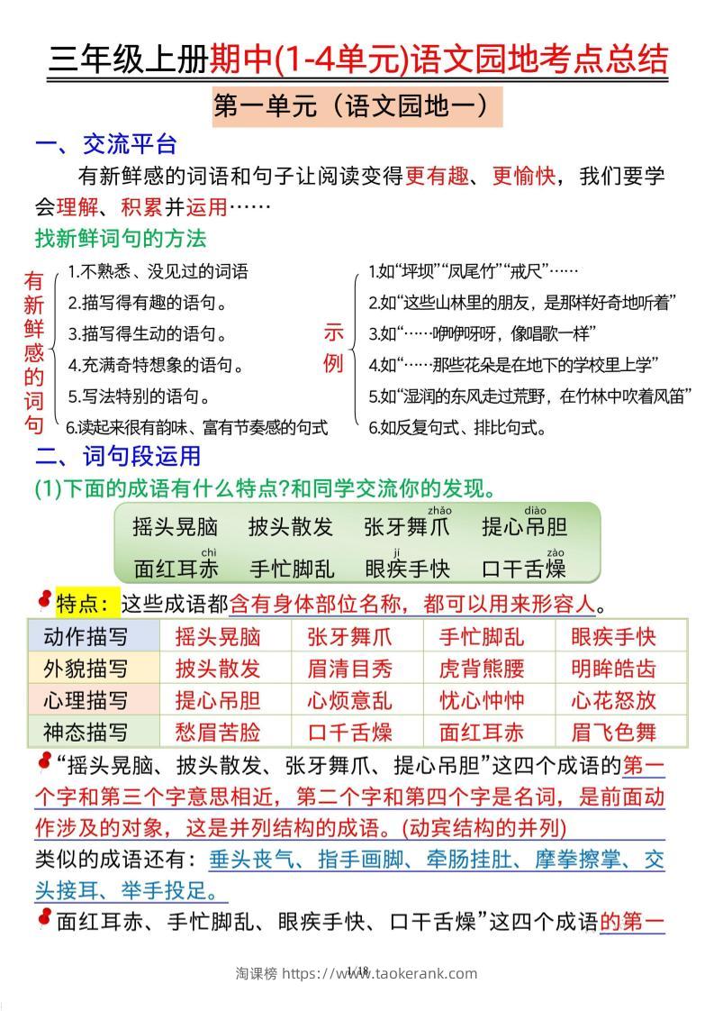 三年级上册期中(1-4单元)语文园地考点总结纯图版-淘课榜