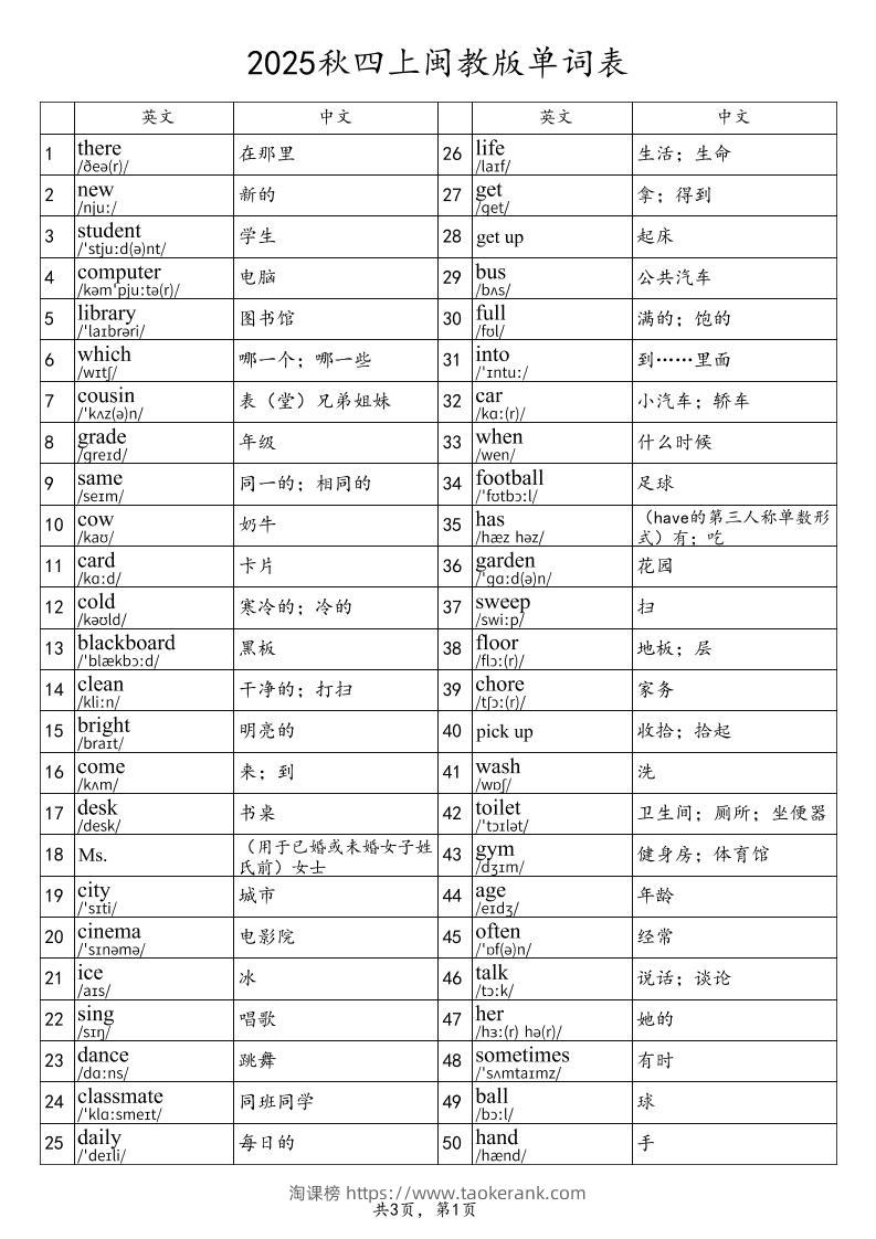 2025秋四上英语闽教版单词表-淘课榜