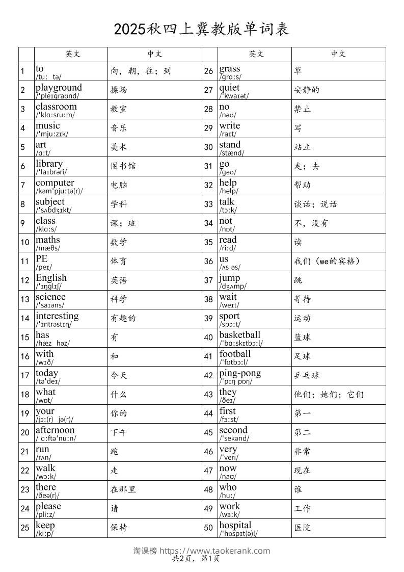 2025秋四上英语冀教版单词表-淘课榜