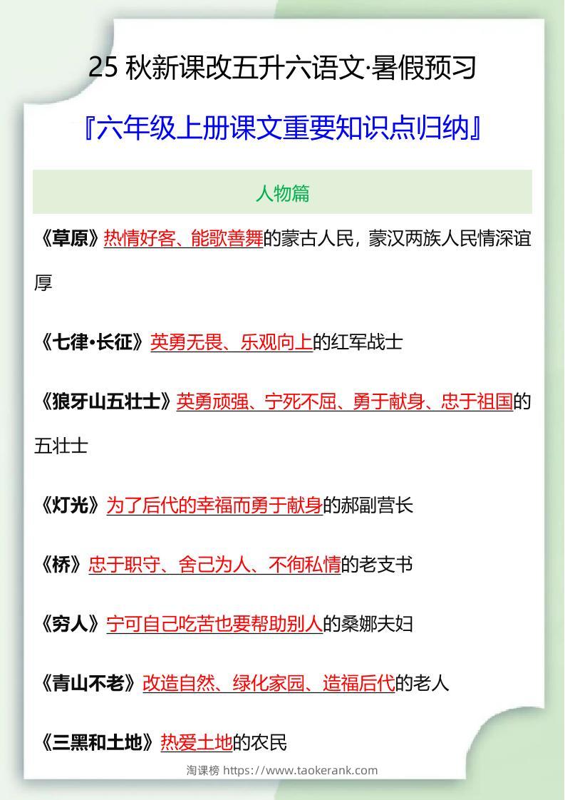 【2025秋新版】六年级语文上册课文重要知识点归纳-淘课榜