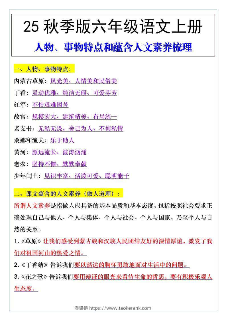 【2025秋新版】六年级语文上册人物、事物特点和蕴含人文素养梳理-淘课榜
