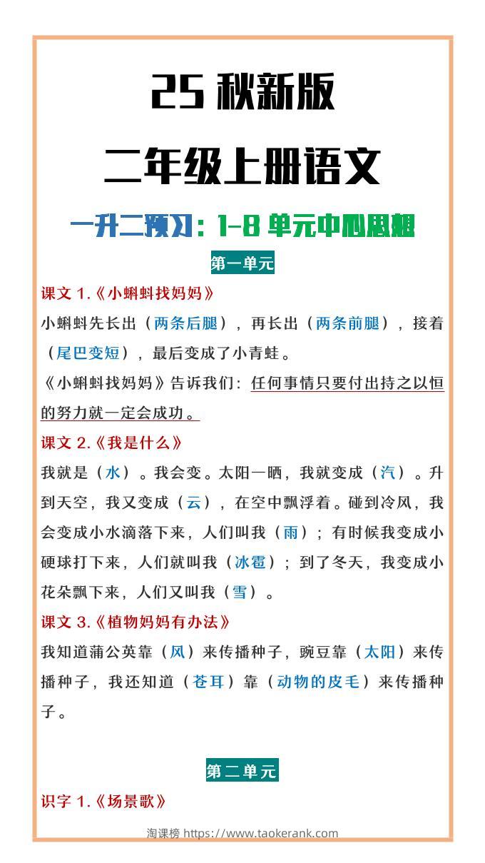 【2025秋新版】二年级上册语文1-8单元中心思想总结-淘课榜