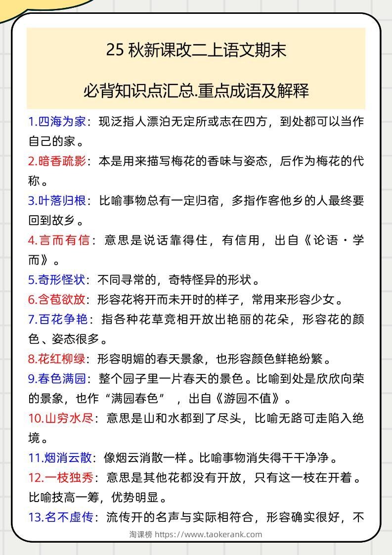 【2025秋新版】二上语文期末必背知识点汇总.重点成语及解释-淘课榜