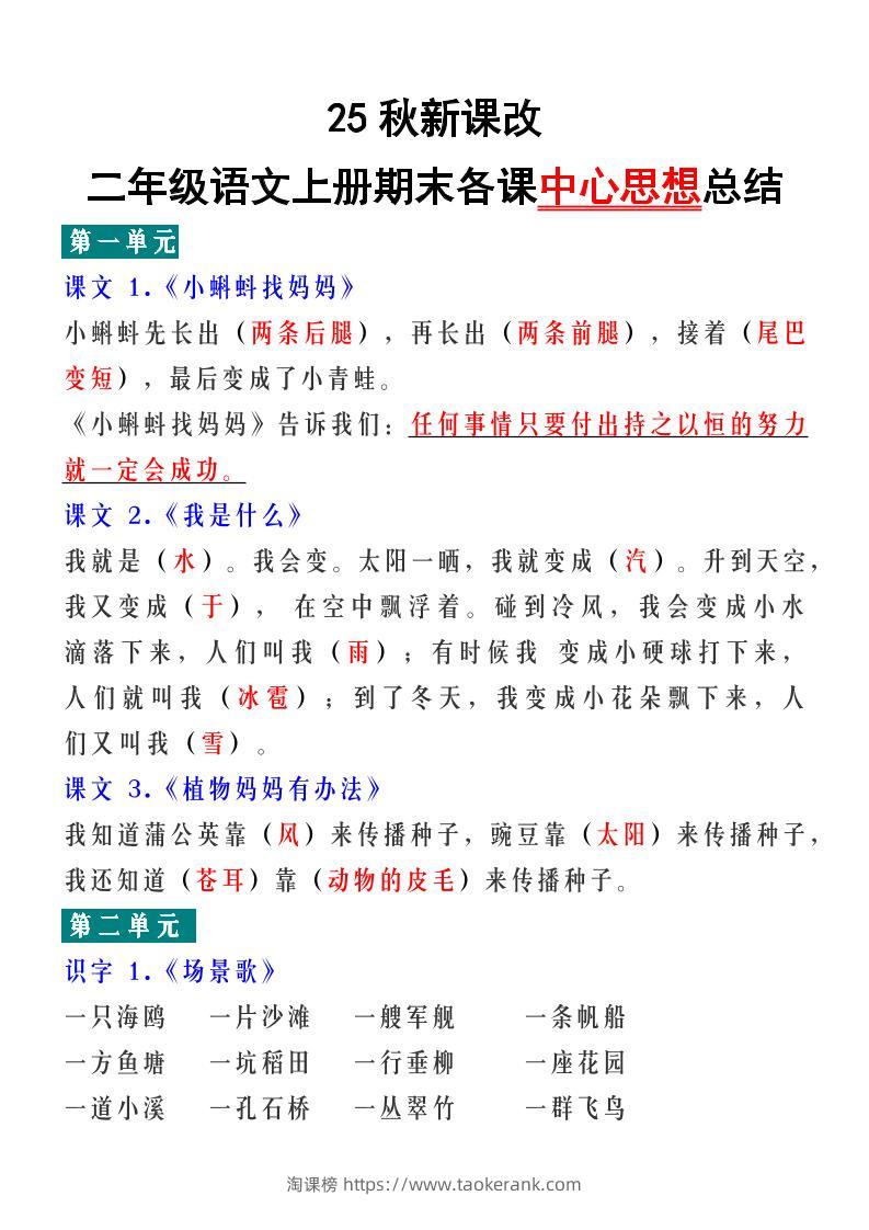 【2025秋新版】二年级语文上册期末各课中心思想总结-淘课榜