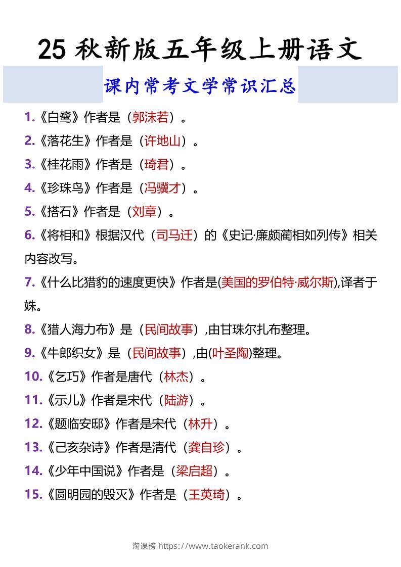 【2025秋新版】五年级上册语文课内常考文学常识汇总-淘课榜