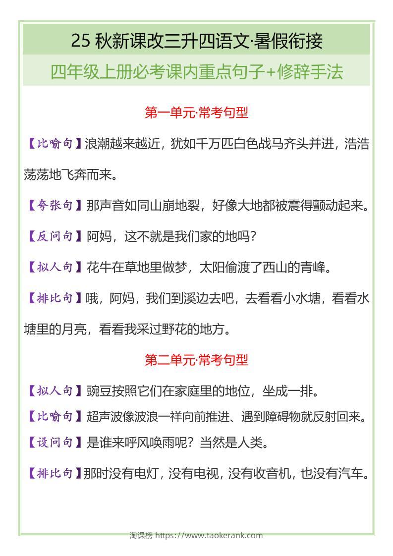 【2025秋新版】四年级上册语文必考课内重点句子+修辞手法-淘课榜