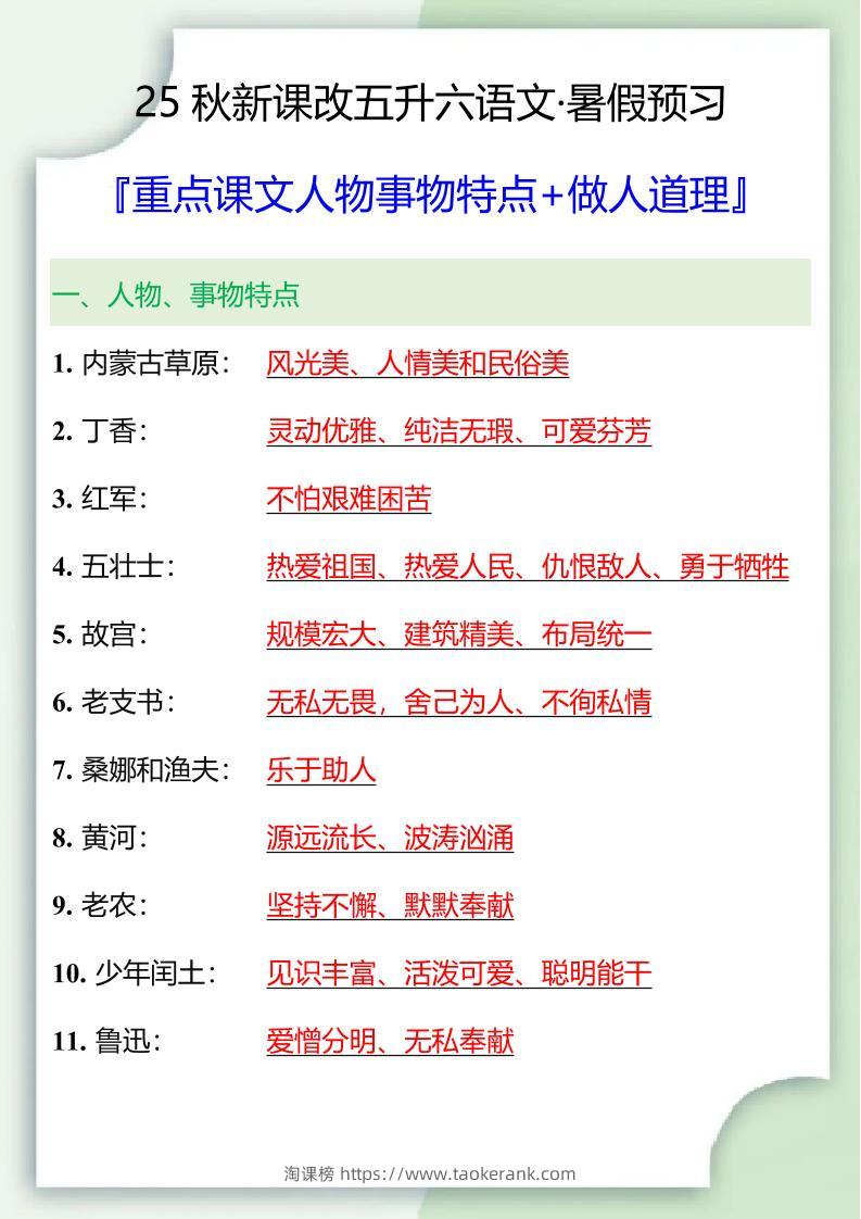 【2025秋新版】五升六重点课文人物事物特点+做人道理-六上语文-淘课榜