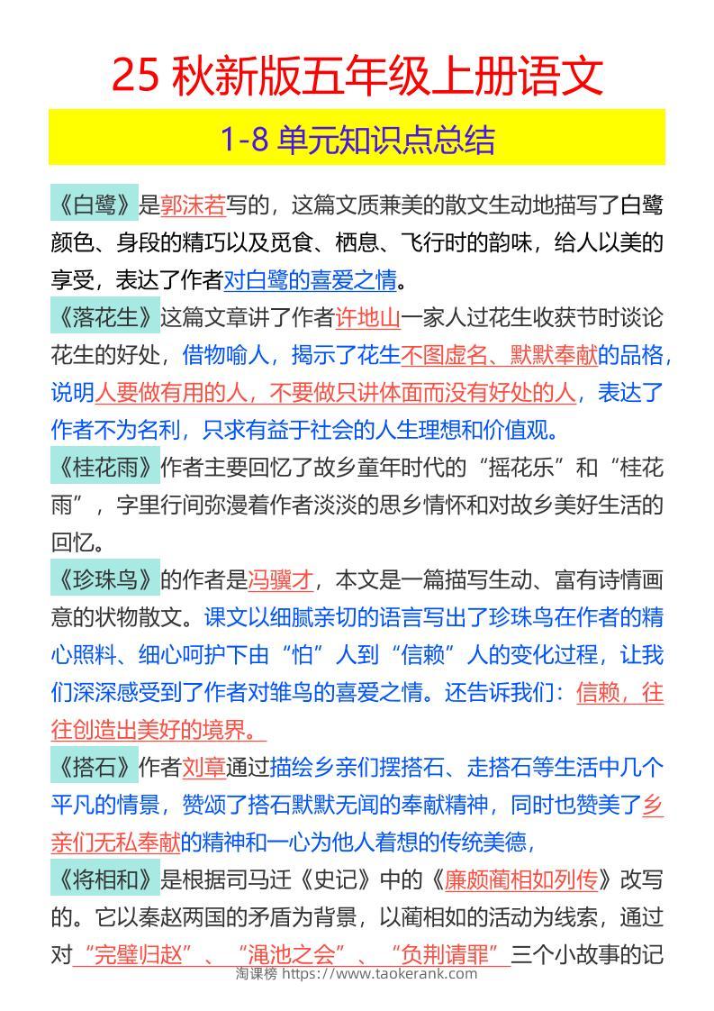 【2025秋新版】五年级上册语文1-8单元知识点总结-淘课榜