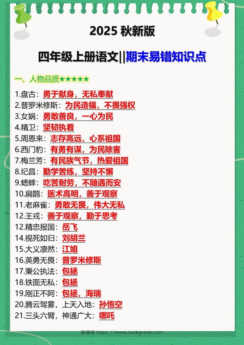 【2025秋新版】四年级上册语文‖期末易错知识点-淘课榜