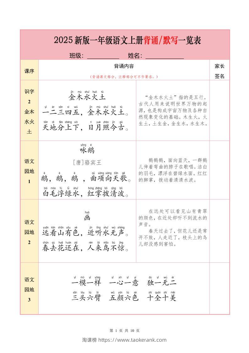 一上语文【25秋-必背内容+默写表】-淘课榜