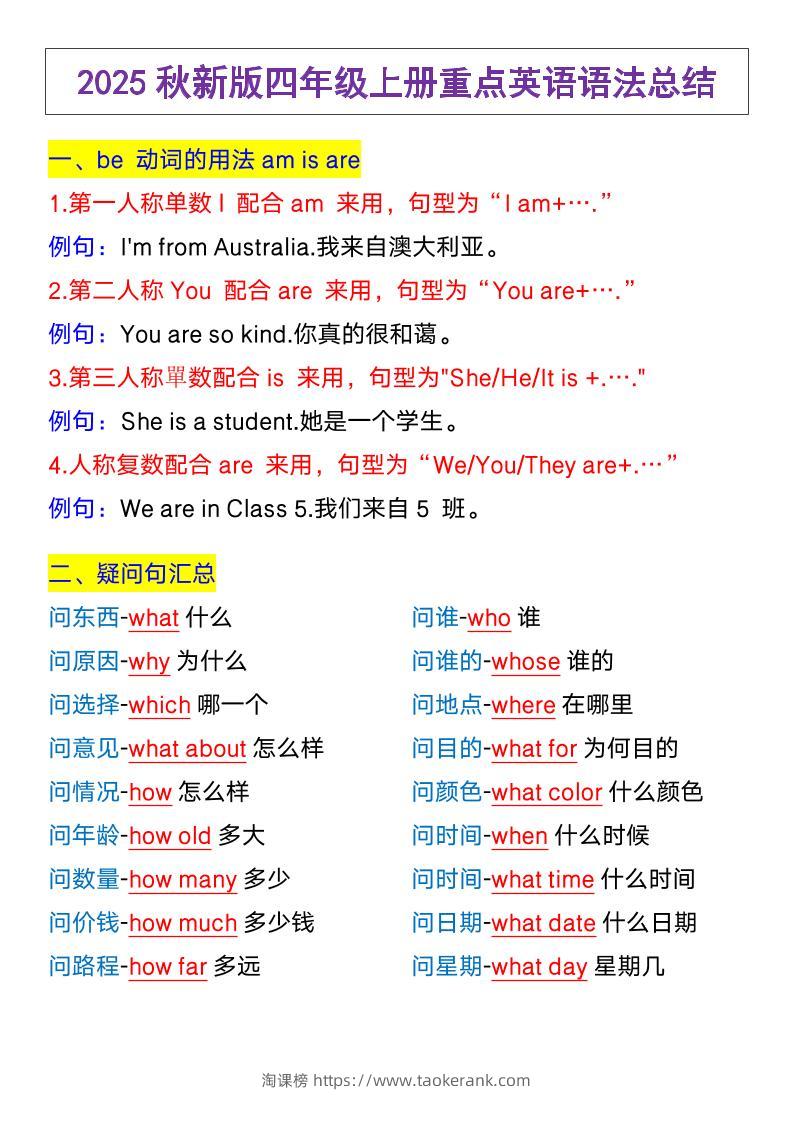 【2025秋新版】四年级上册英语，重点英语语法总结-淘课榜