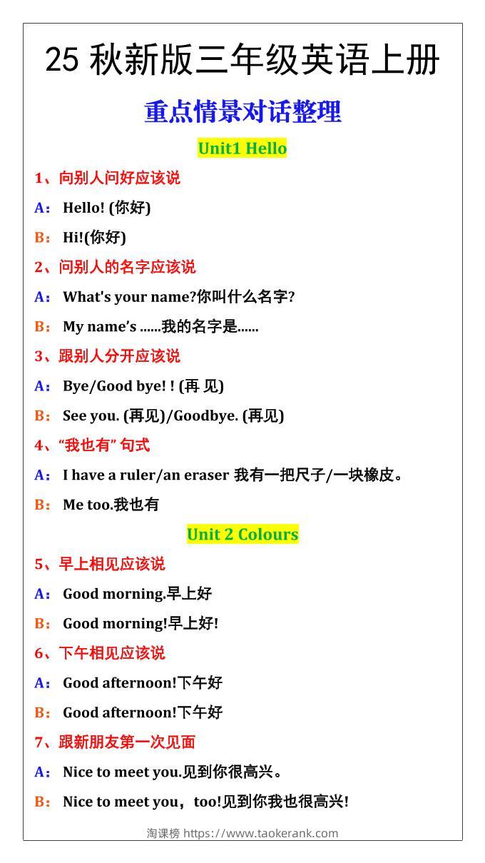 【2025秋新版】三年级英语上册重点情景对话整理汇总-淘课榜