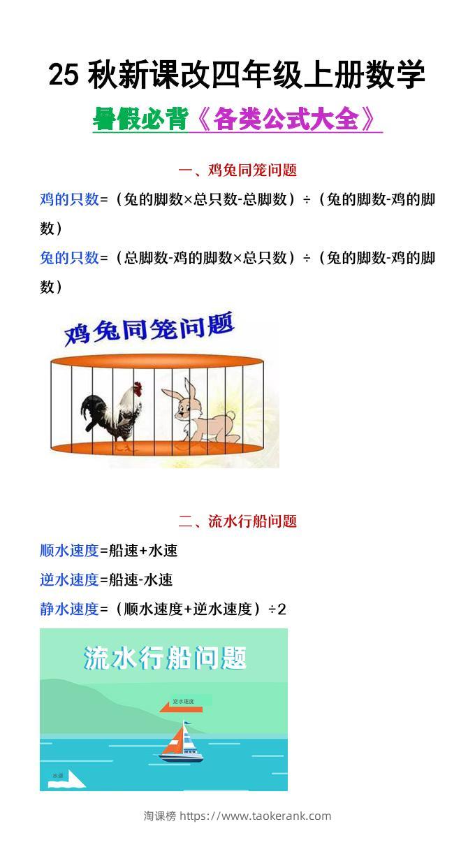 【2025秋新版】四年级上册数学各类公式汇总-淘课榜