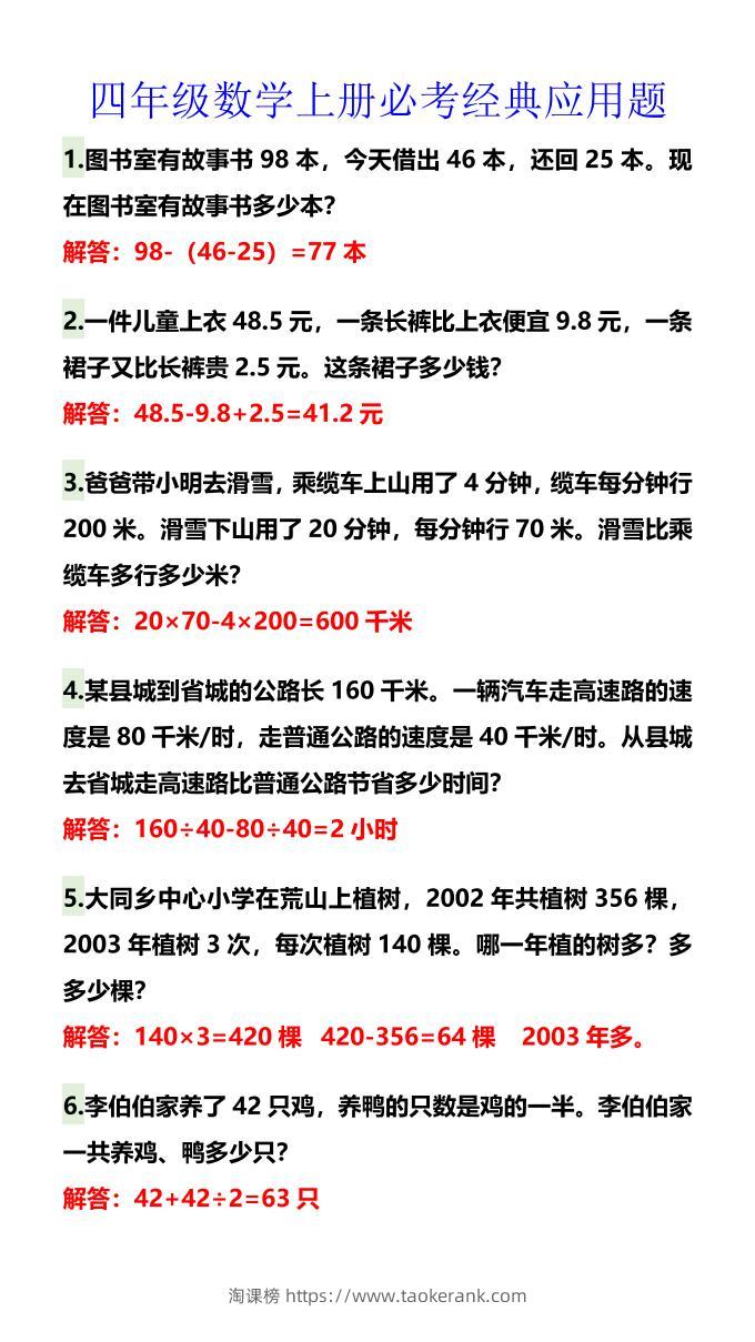 【2025秋新版】四年级数学上册必考经典应用题-淘课榜