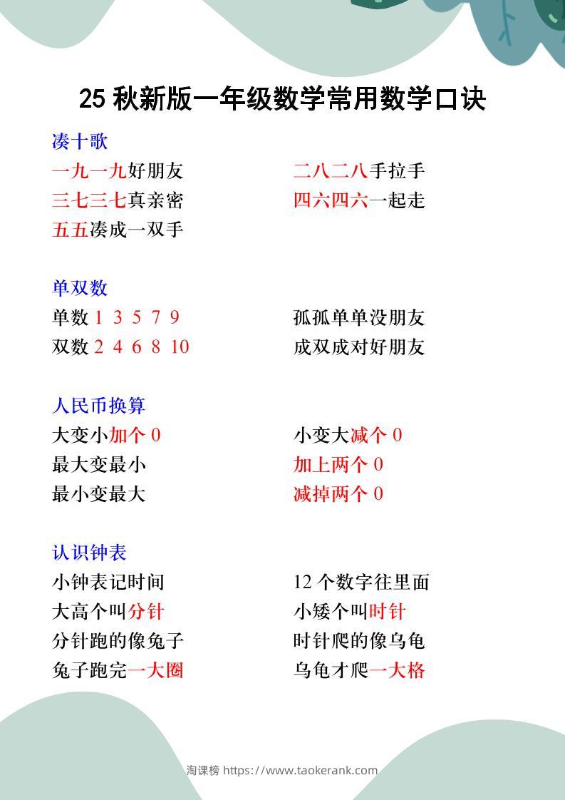 【2025秋新版】一年级数学常用数学口诀-一上数学-淘课榜
