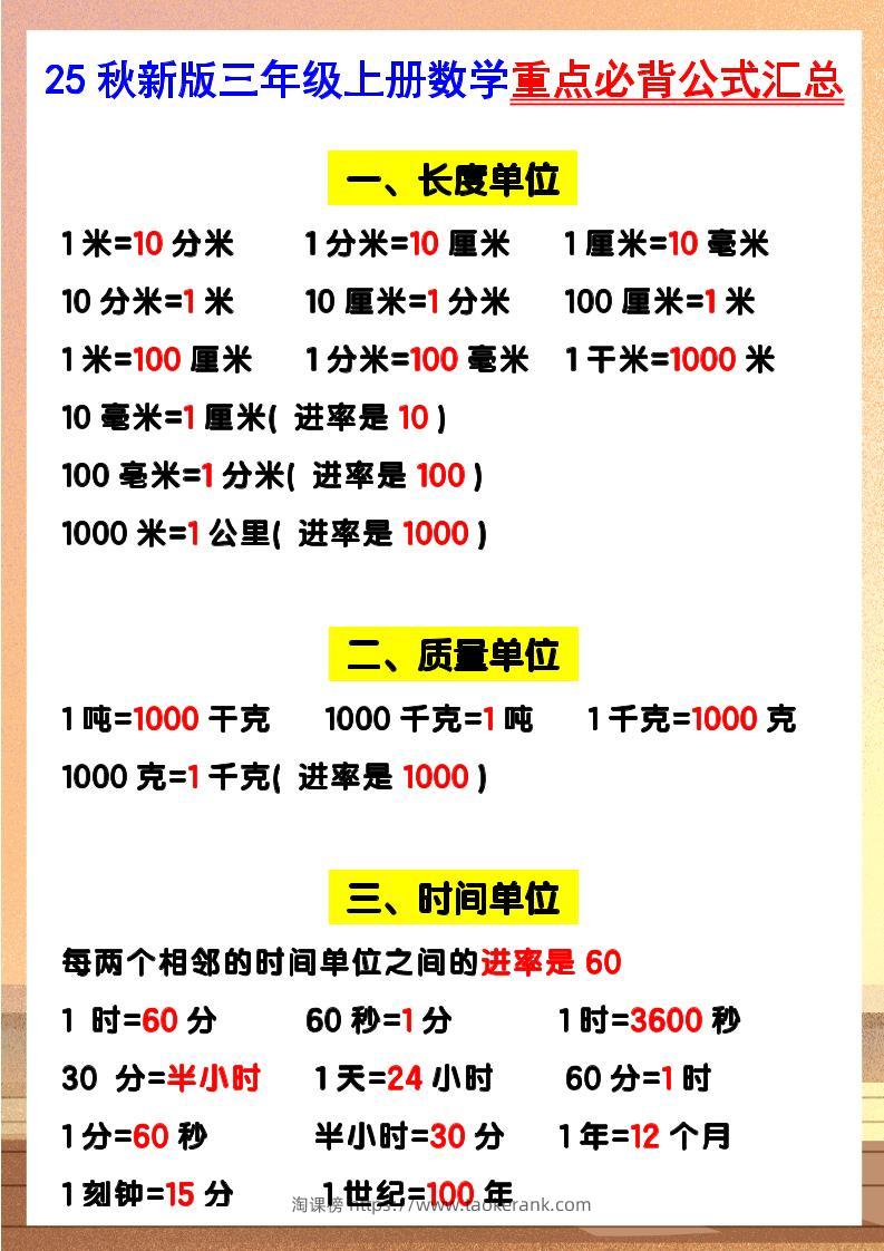 【2025秋新版】三年级上册数学重点必背公式汇总-淘课榜