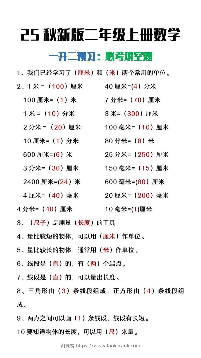【2025秋新版】二年级上册数学暑假预习必做《重点填空题》-淘课榜