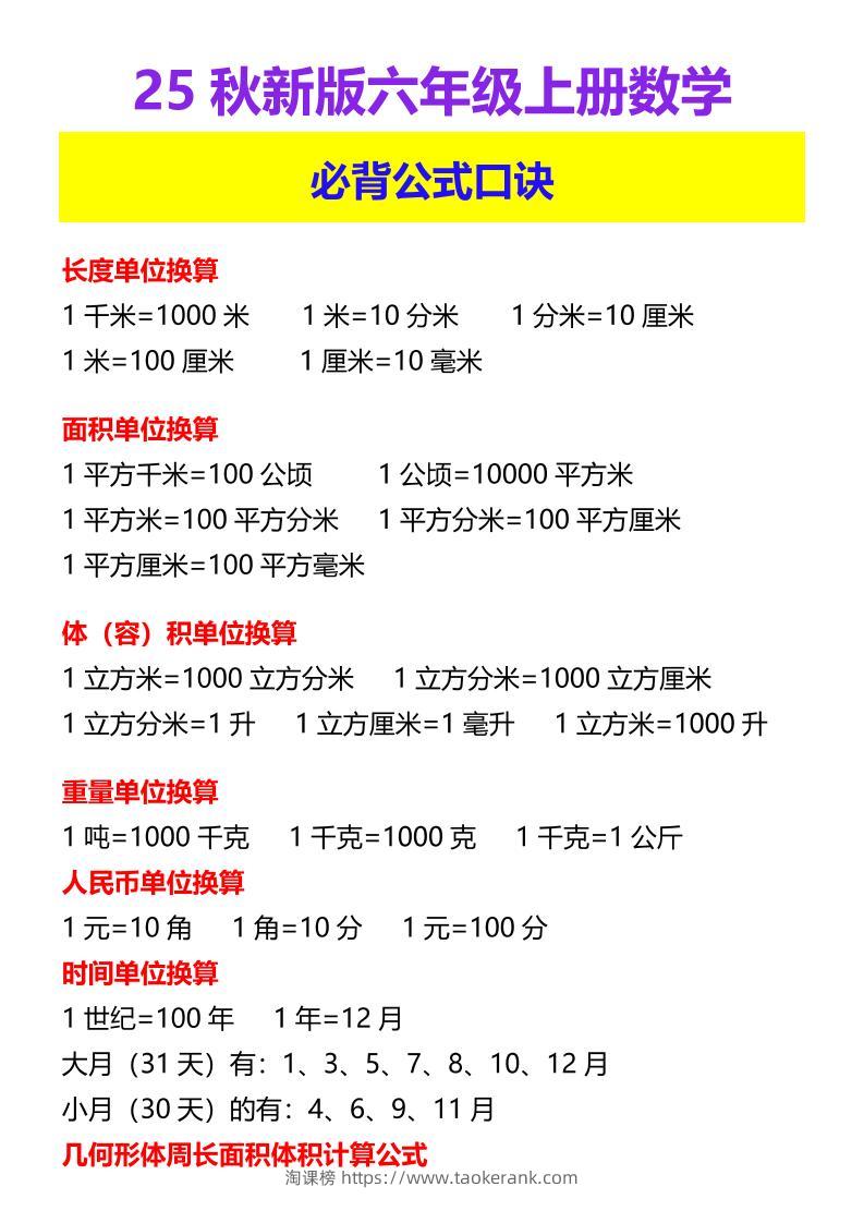 【2025秋新版】六年级上册数学必背公式口诀-淘课榜