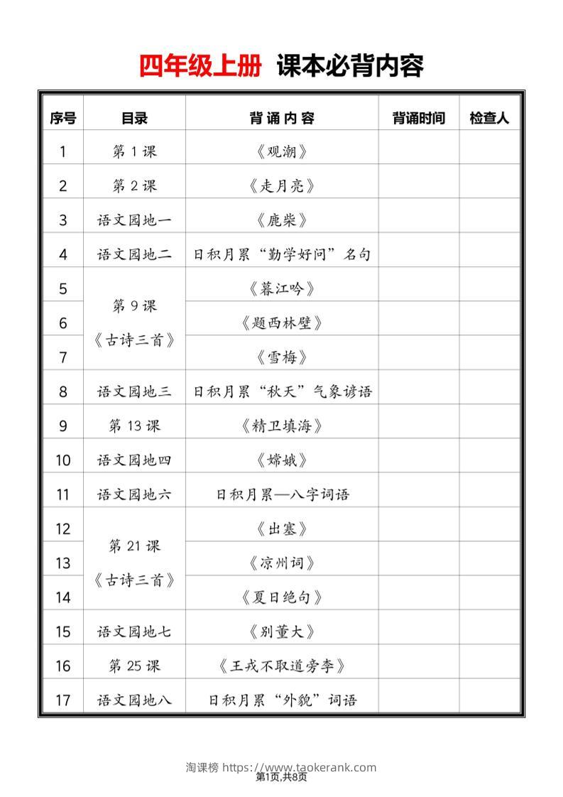 2025四上语文必背课文内容汇总-淘课榜