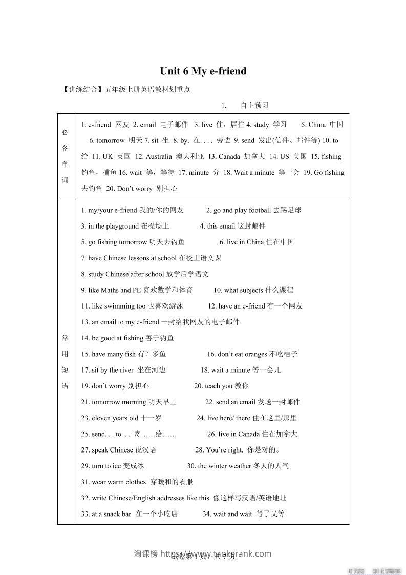 【单元热点难点】译林版（三起）英语五年级上册Unit6Mye-friend教材划重点-淘课榜