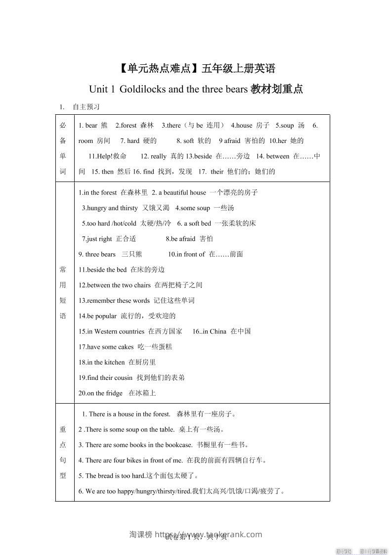 【单元热点难点】译林版（三起）英语五年级上册Unit1Goldilocksandthethreebears教材划重点-淘课榜