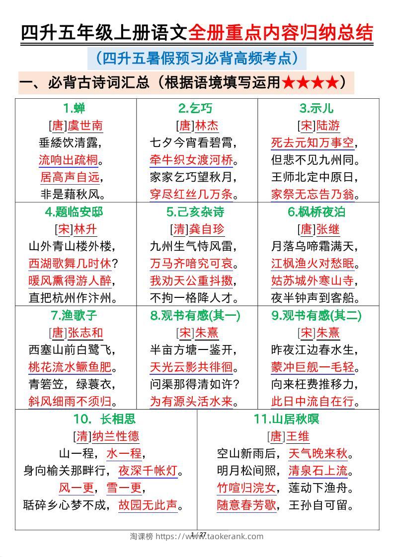 四升五年级上册语文全册重点内容归纳总结输出27页-淘课榜