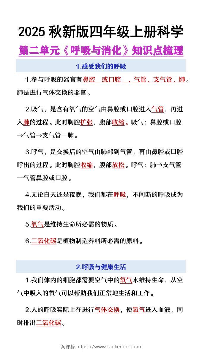 【2025秋新版】四年级上册语文第2单元《呼吸与消化》知识点梳理-淘课榜
