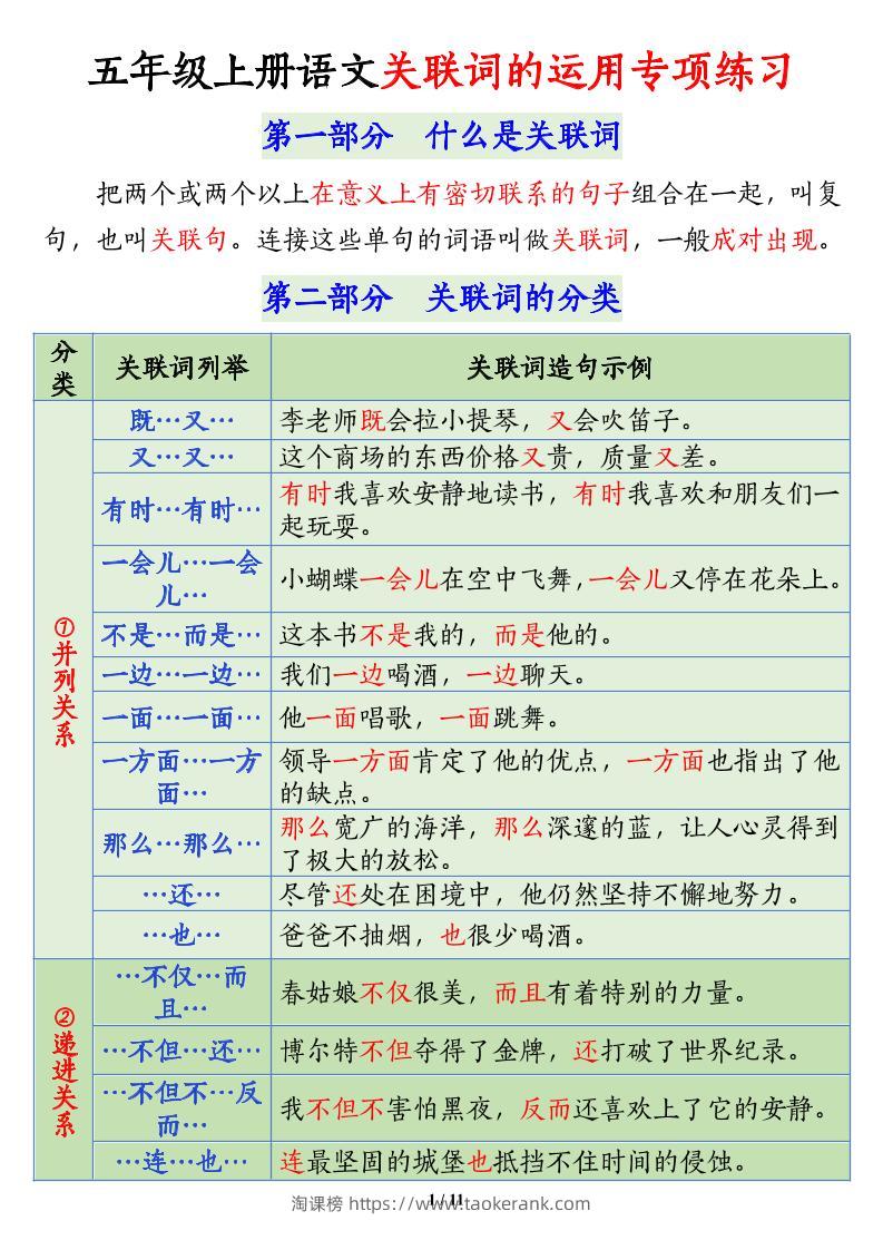 五上语文关联词语的运用专项练习（11页）-淘课榜