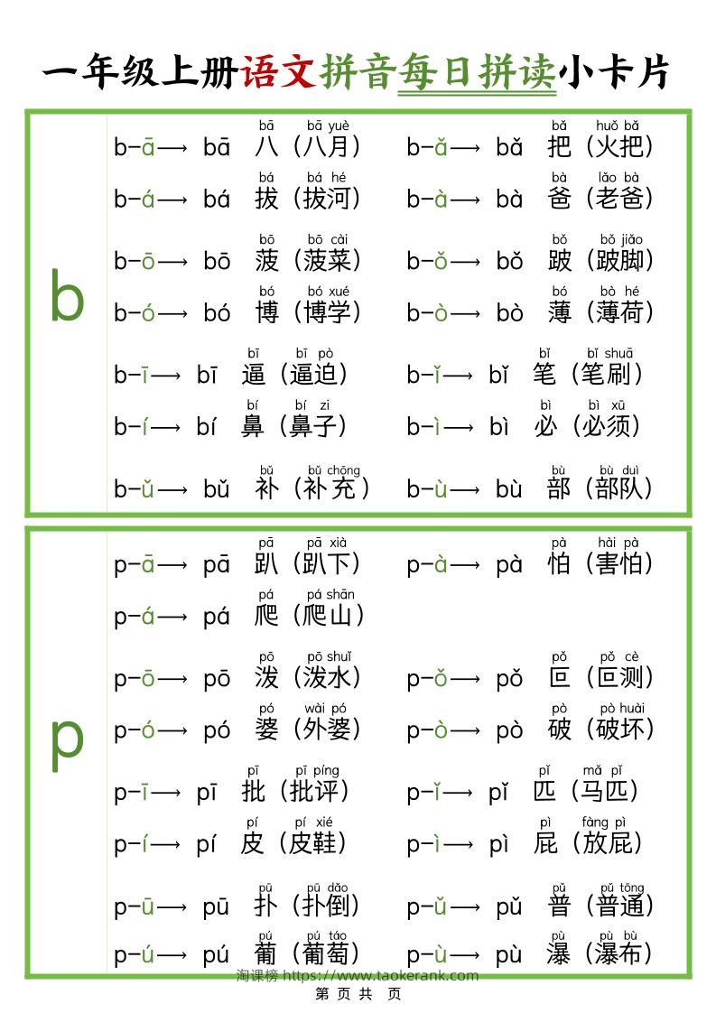 新版一上语文拼音每日拼读小卡片（完整11页）-淘课榜