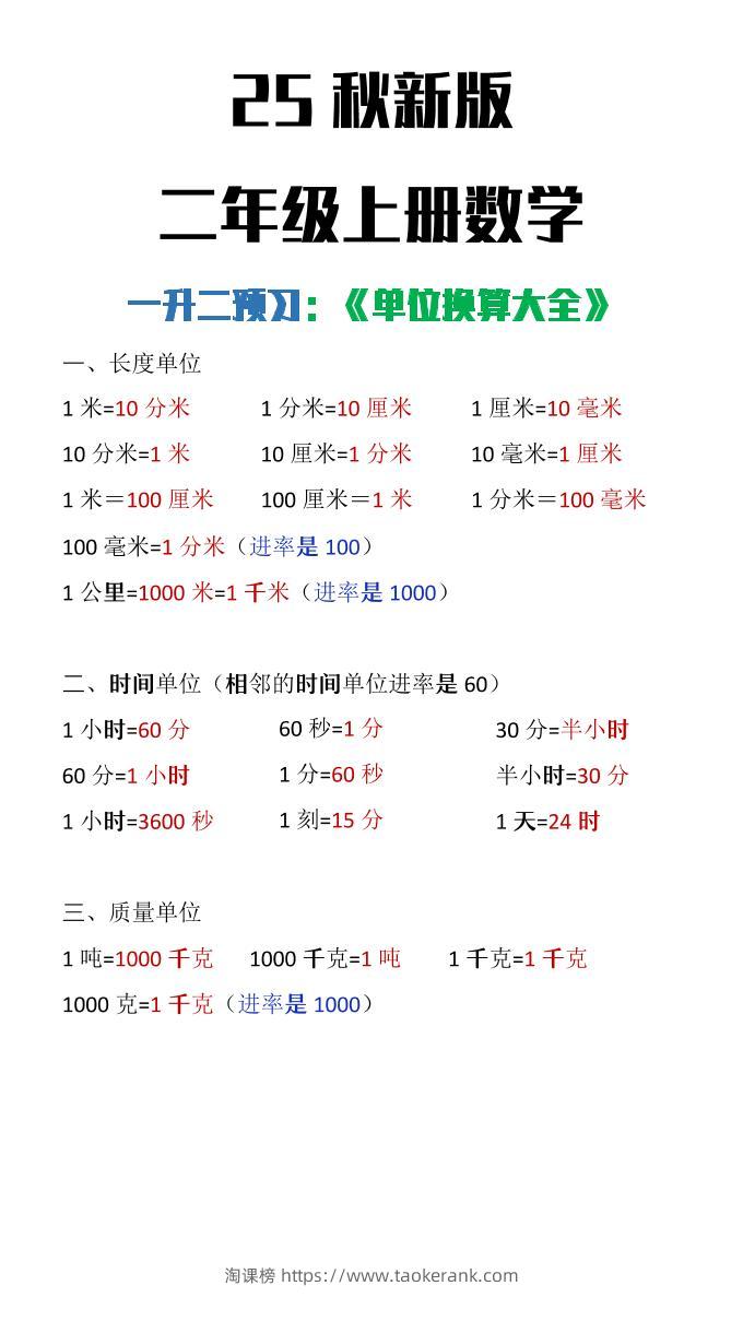 【2025秋新版】二年级上册数学单位换算大全-淘课榜