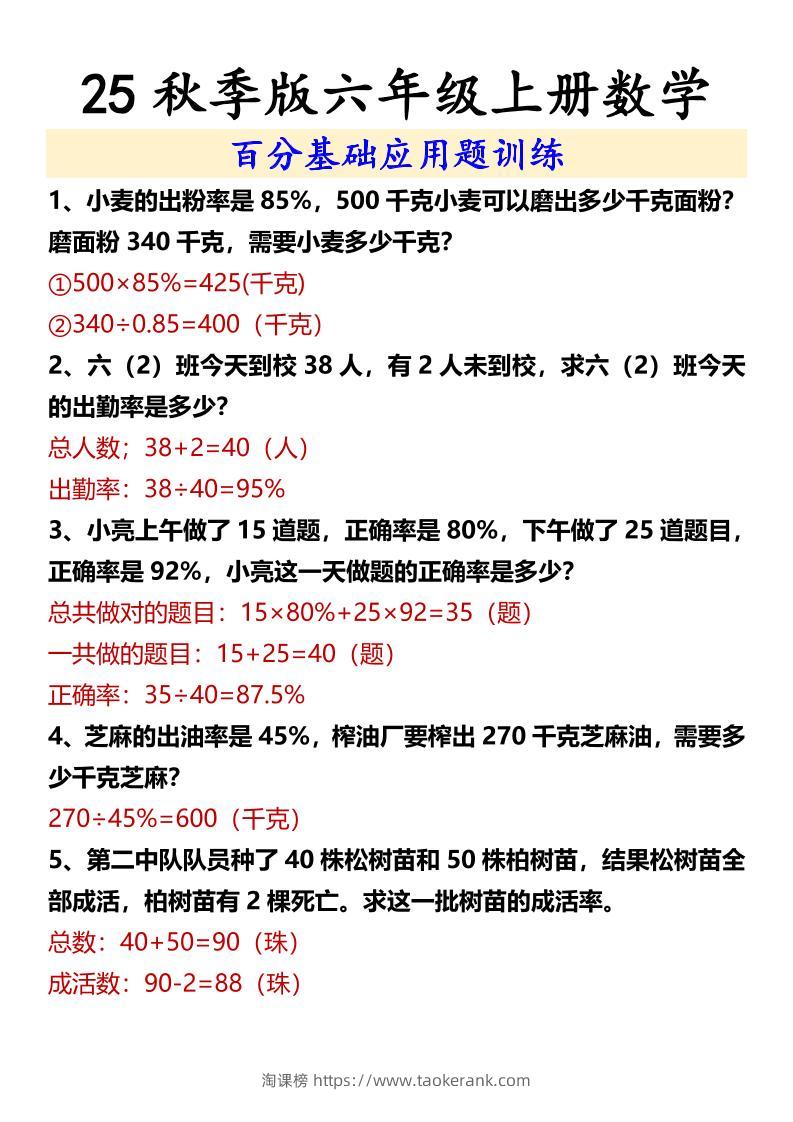 【2025秋新版】六年级上册数学百分基础应用题训练-淘课榜
