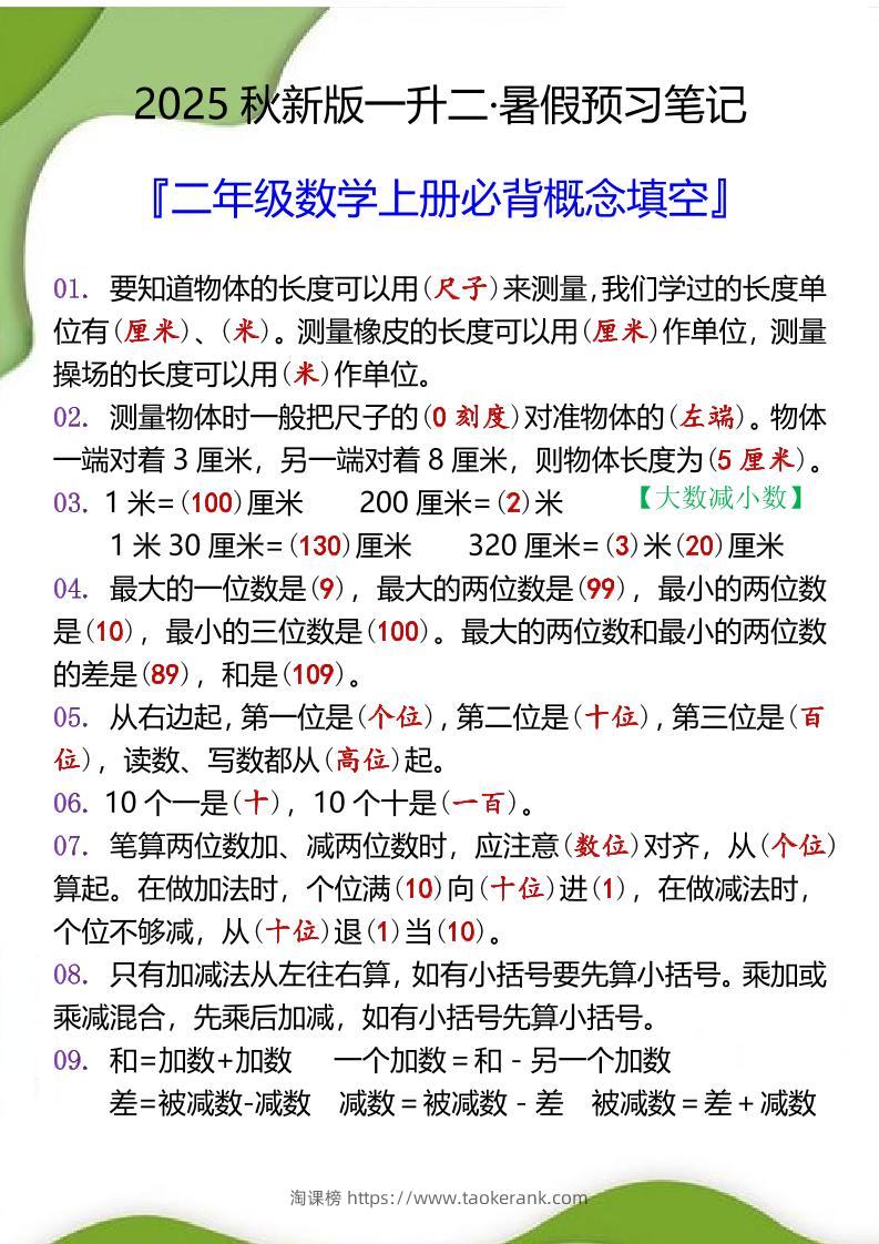 【2025秋新版】二年级数学上册必背概念填空-淘课榜