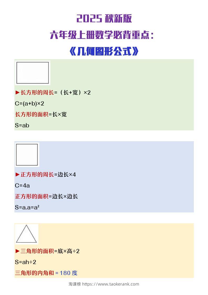 【2025秋新版】六年级上册数学必背几何图形公式大全-淘课榜