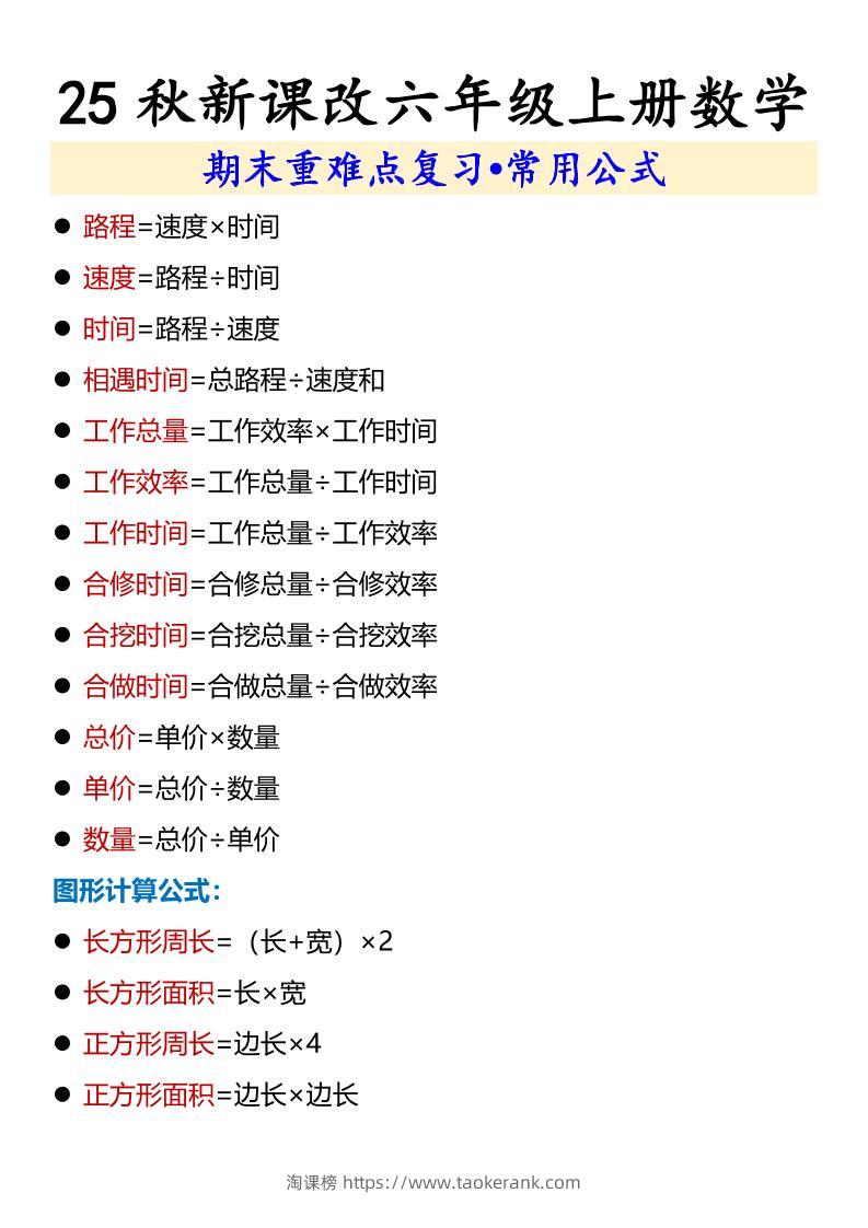 【2025秋新版】六年级上册数学期末重难点复习•常用公式-淘课榜