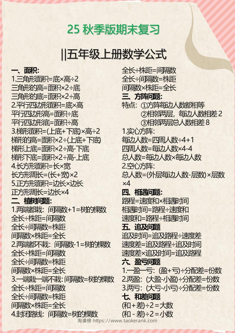 【2025秋新版】五年级上册必备数学公式-淘课榜
