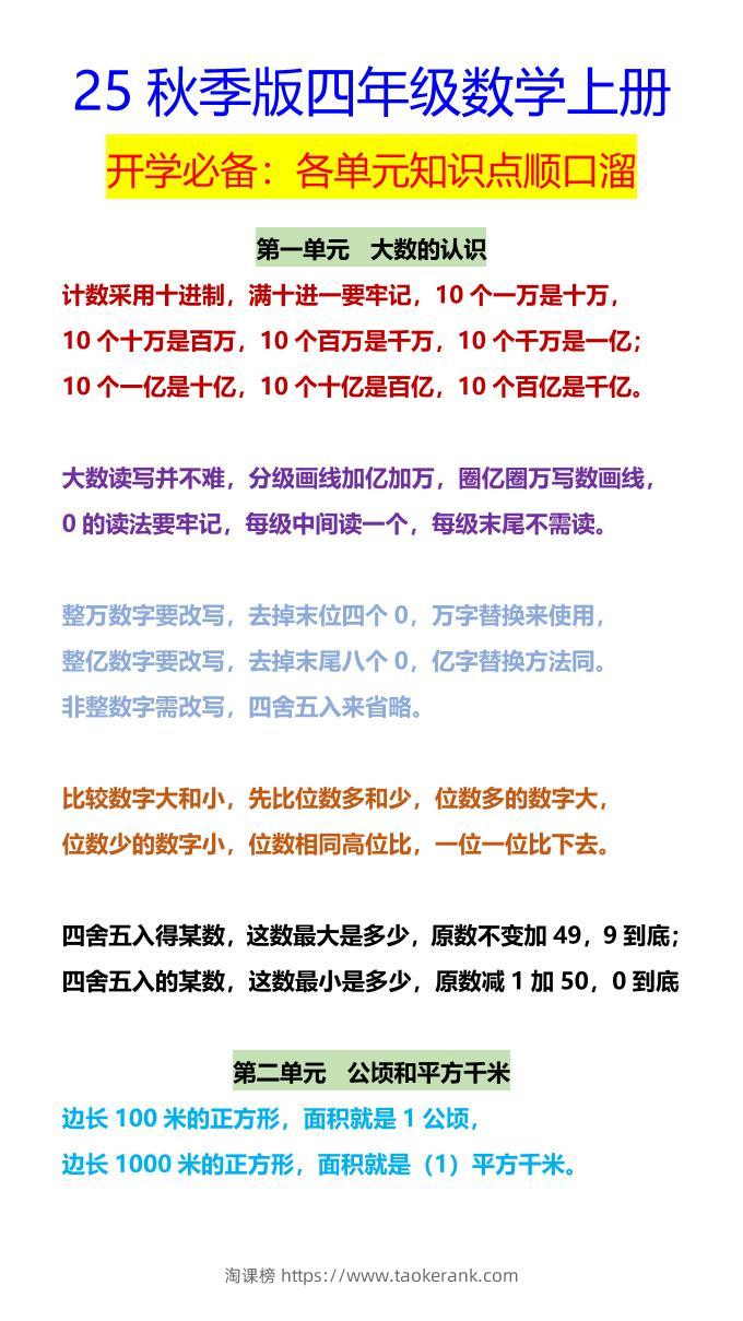 【2025秋新版】四年级数学上册开学必备：各单元知识点顺口溜-淘课榜