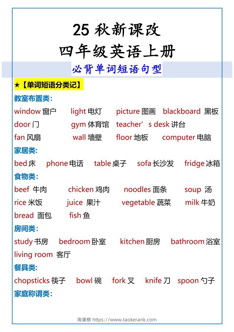 【2025秋新版】四年级英语上册必背单词短语句型-淘课榜