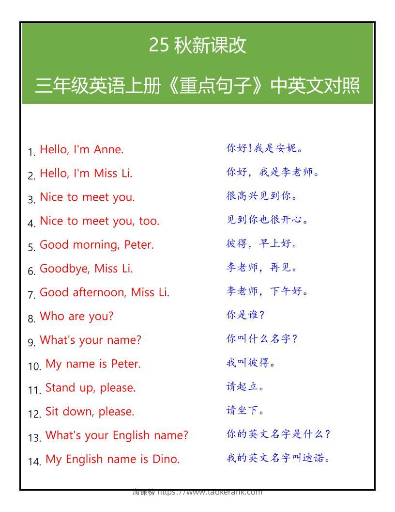 【2025秋新版】三年级英语上册《重点句子》中英文对照-淘课榜