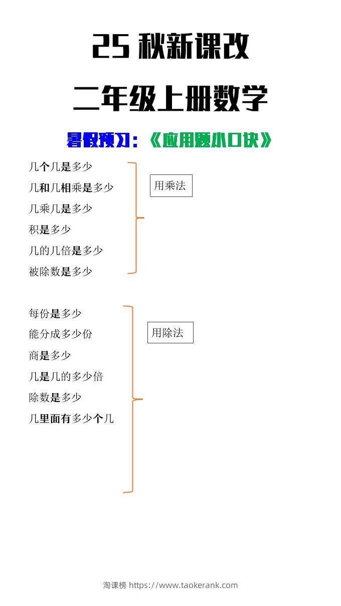 【2025秋新版】二年级上册数学应用题小口诀-淘课榜